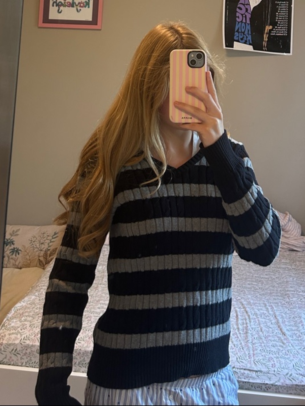 Black and Gray Striped V-Neck Women's Sweater